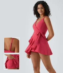 Mini Dresses|Dresses<HALARA V Neck Tie Side Ruffle 2-Piece Pocket Flowy Mini Casual Dress