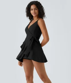 Mini Dresses|Dresses<HALARA V Neck Tie Side Ruffle 2-Piece Pocket Flowy Mini Casual Dress