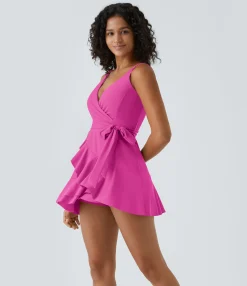Mini Dresses|Dresses<HALARA V Neck Tie Side Ruffle 2-Piece Pocket Flowy Mini Casual Dress