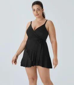 Plus Size<HALARA V Neck Tie Side Ruffle 2-Piece Pocket Flowy Mini Casual Plus Size Dress