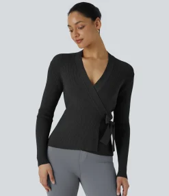 Sweaters<HALARA V Neck Wrapped Tie Side Long Sleeve Work Sweater