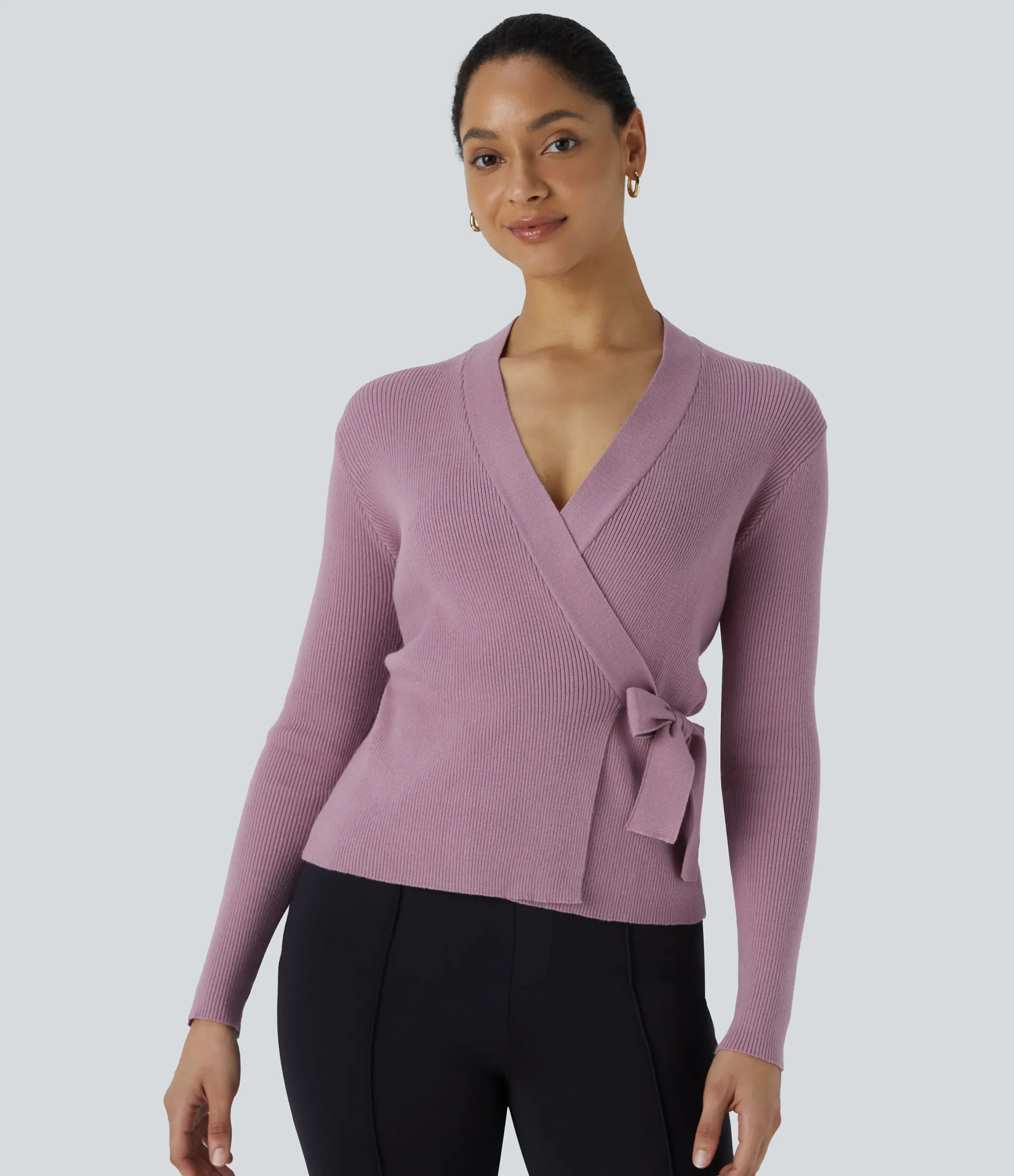 Sweaters<HALARA V Neck Wrapped Tie Side Long Sleeve Work Sweater