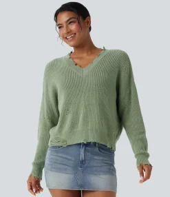 Sweaters<HALARA V-neck Distressed Casual Sweater