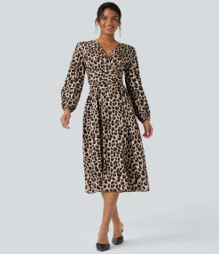 Dresses|Maxi & Midi Dresses<HALARA V-neck Long Sleeve Tie Back Leopard Print Midi Casual Dress with Pockets
