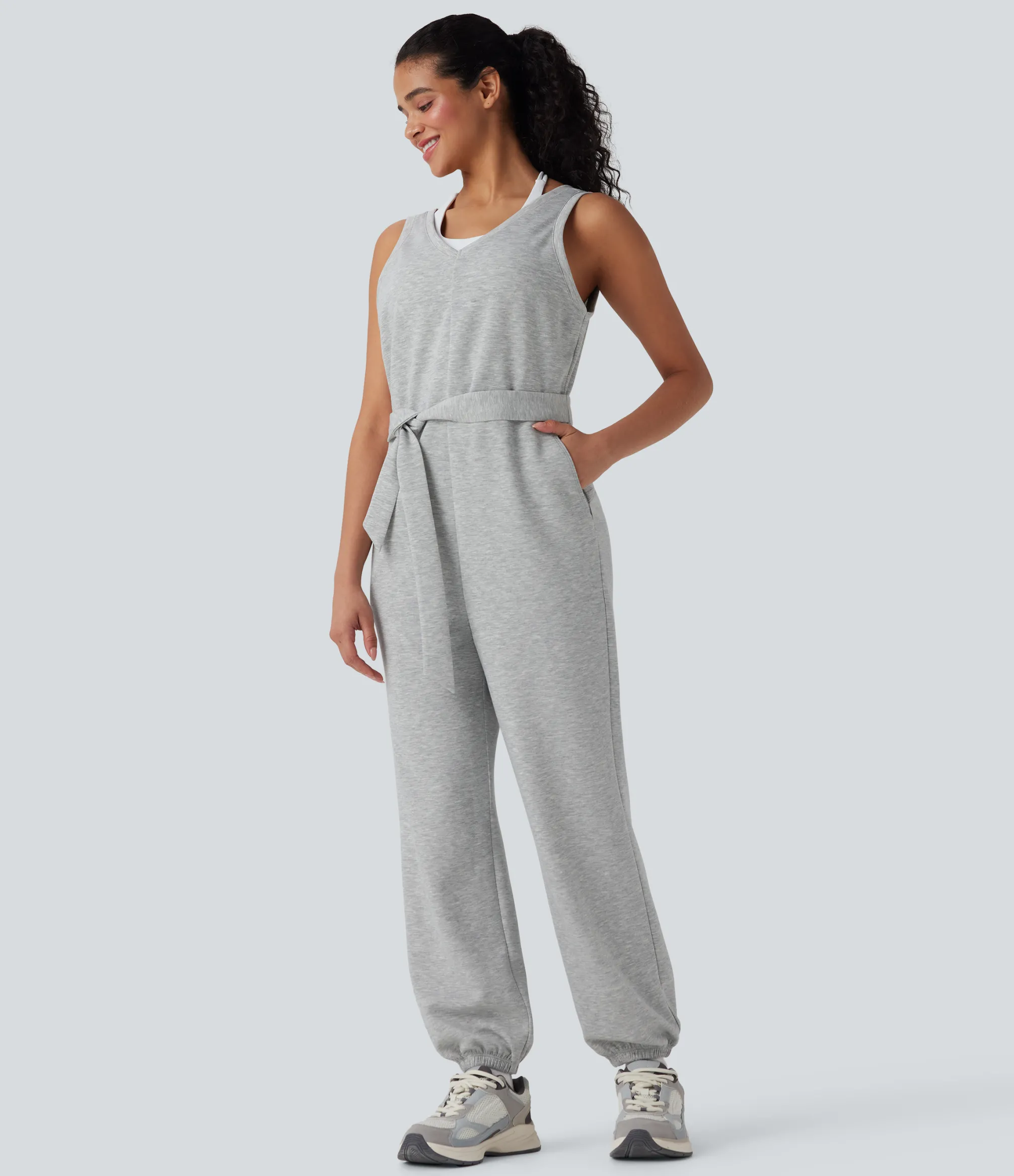 Jumpsuits<HALARA V-neck Sleeveless Belted Workout Jumpsuit with Pockets