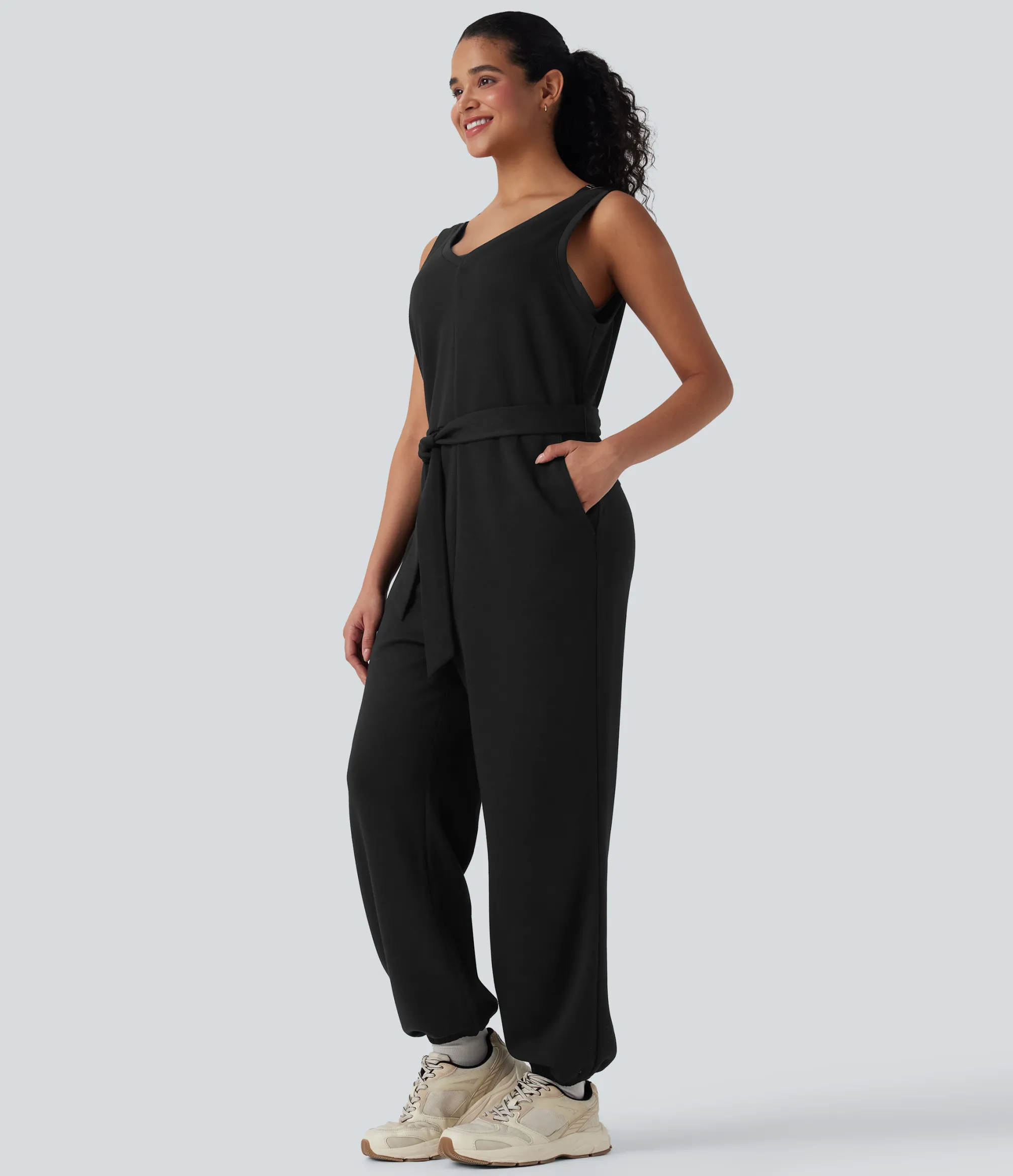 Jumpsuits<HALARA V-neck Sleeveless Belted Workout Jumpsuit with Pockets