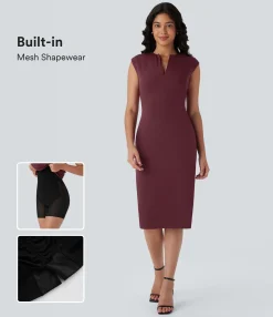 Bodycon Dresses|Maxi & Midi Dresses<HALARA V-neck Zipper Bodycon Midi Work Built-in Mesh Shapewear Dress
