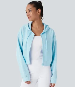 Casual Tops<HALARA Waffle Hooded Drawstring Zipper Cropped Casual Cotton Sports Sweatshirt