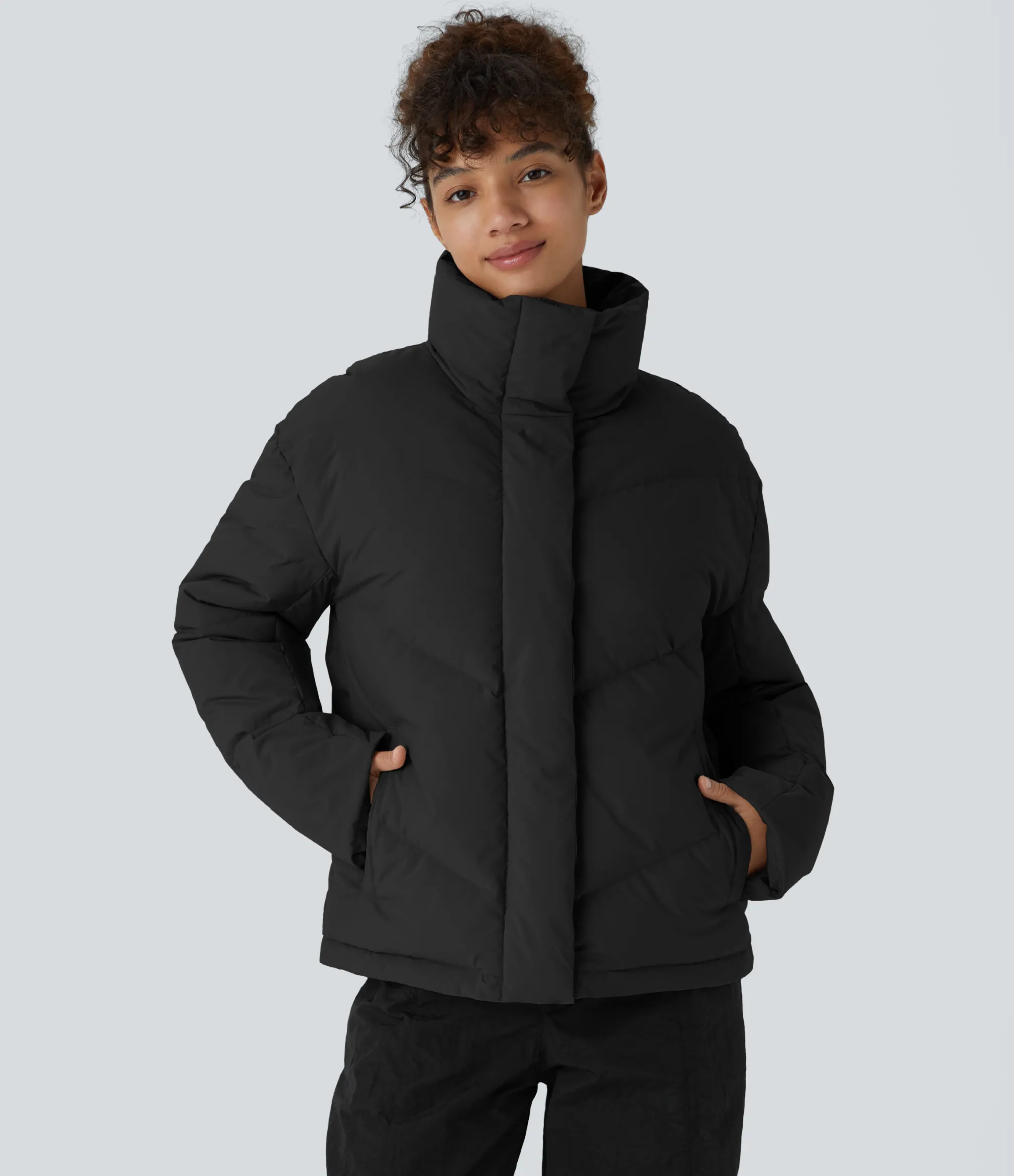 Jackets & Outerwear<HALARA Water Repellent Funnel Neck Pocket Snap Zipper Drawstring Hem Relaxed Casual Puffer Down Jacket