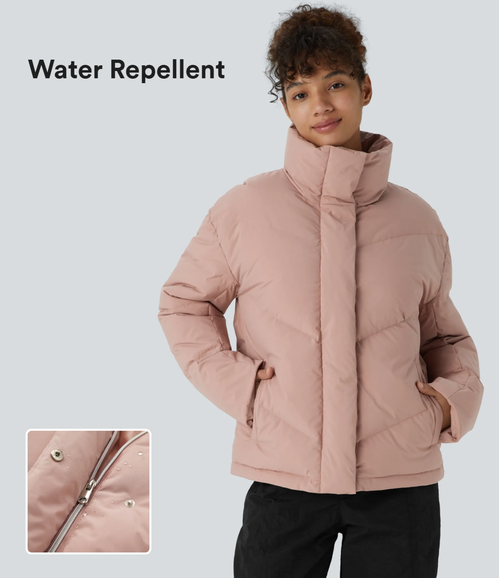 Jackets & Outerwear<HALARA Water Repellent Funnel Neck Pocket Snap Zipper Drawstring Hem Relaxed Casual Puffer Down Jacket