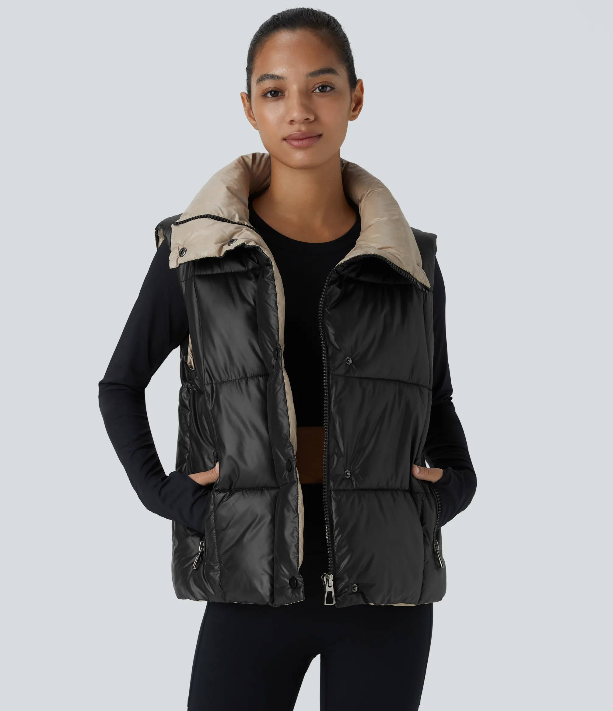 Jackets & Outerwear<HALARA Water Repellent Stand Collar Zipper Snap Pocket Casual Puffer Padded Vest